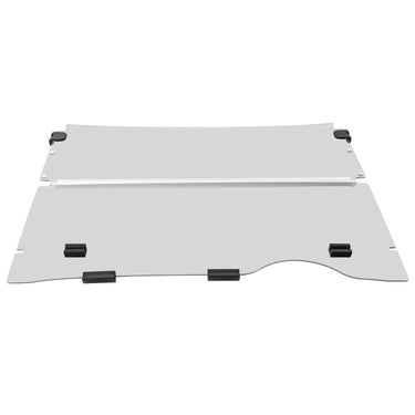 EZ-GO RXV Folding Windshield (Clear/PMMA) installed on a golf cart, emphasizing enhanced visibility and protection.
