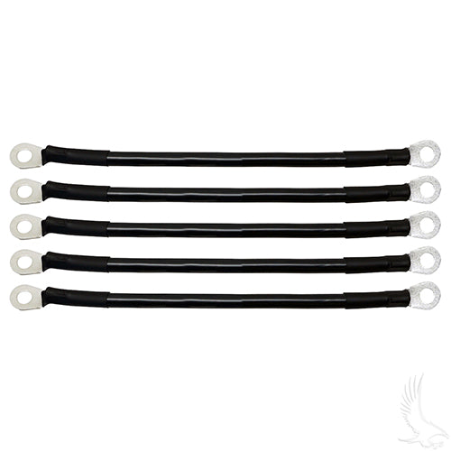 Redhawk 5-pack battery cable set, 9-inch 4-gauge black cables for automotive, marine, and industrial use.