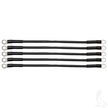 Redhawk 12-inch 6-gauge battery cables for auto and marine, heavy-duty pack of five, black color, suitable for vehicle battery connections.