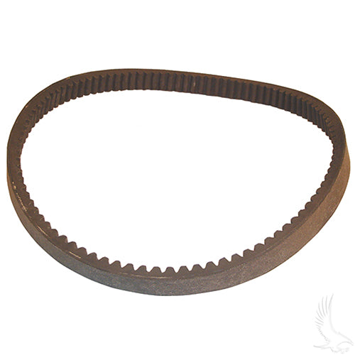 Redhawk drive belt BLT-0016 for EZGO golf cart, showing a red rubber belt with grooves, designed for 2-cycle gas models from 1976-1987.