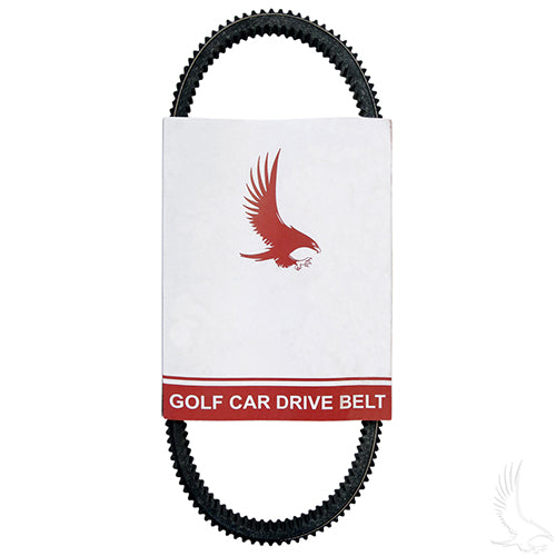 Redhawk OEM drive belt for EZ-GO RXV 08-11 golf cart, Kawasaki clutch, ST400, and TXT models, showing the black belt and product details.