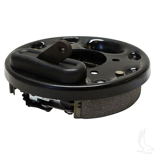 Red Hawk OEM brake assembly for EZGO golf carts, passenger side, includes brake shoes, primary brake system, durable and reliable.
