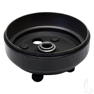 Red Hawk brake drum for EZ-GO golf carts 1982 onward, tested premium aftermarket part, shown with a close-up view of the drum.