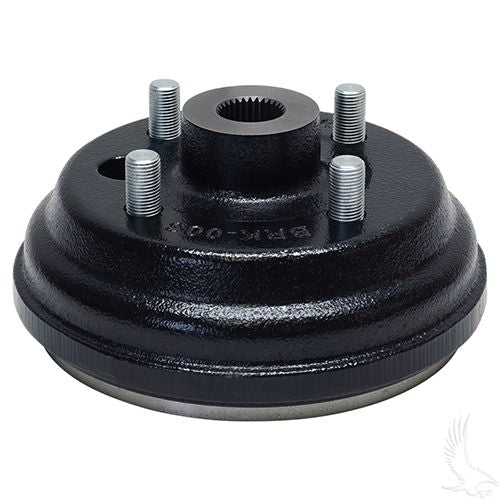 Red Hawk brake drum for EZGO RXV golf carts, black metal component with mounting holes, designed for 2008 and 4-cycle gas models.