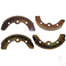 Red Hawk OEM brake shoes set for E-Z-GO, Yamaha, and Club Car golf carts, showing four brake shoes with red finish.