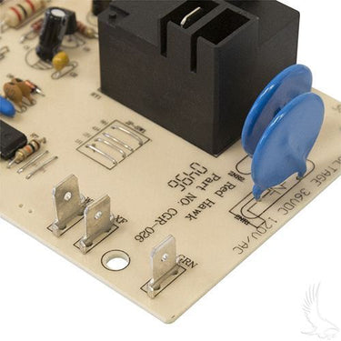 Red Hawk OEM CGR026 charger board for EZGO PowerWise 94 Plus golf carts showing electronic control circuit and connection ports.