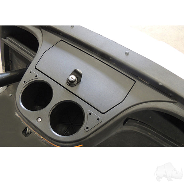 Redhawk Yamaha Drive golf cart dash compartment for secure and easy storage, designed for convenient access by golf cart owners.