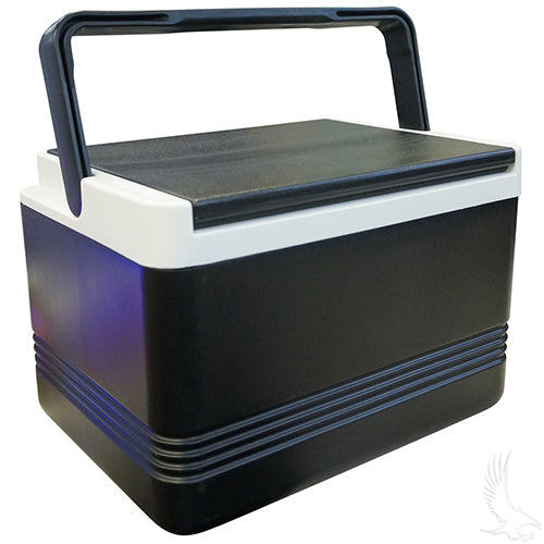 Redhawk Igloo Legend 12 Cooler for golf carts in black and white, premium portable insulated cooler with sturdy handle.