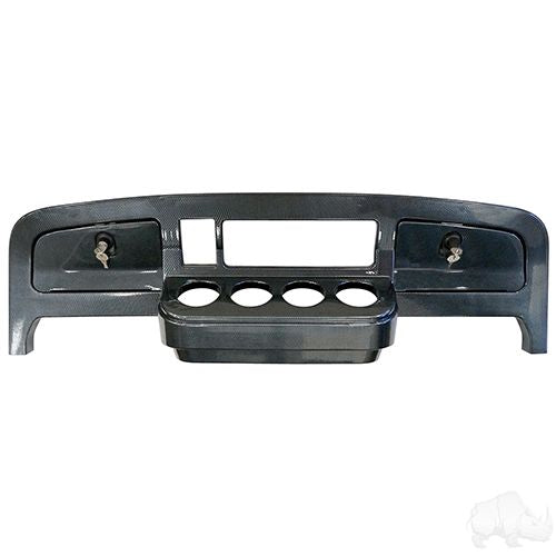 Redhawk carbon fiber dash for EZGO TXT golf carts, interior upgrade, model DASH-0011, with sleek red and black finish