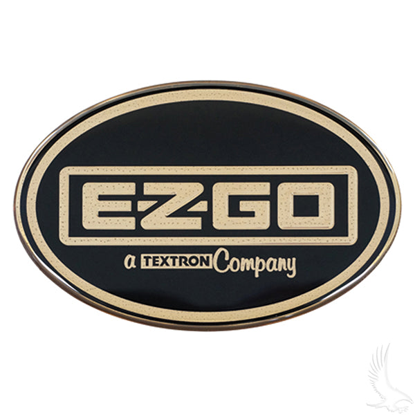 Redhawk EZGO Workhorse Gold Emblem badge featuring a Red Hawk design, for golf cart replacement part BP-0077.