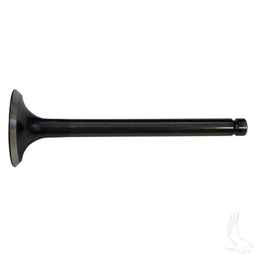 Red Hawk ENG-249 exhaust valve for EZGO RXV golf cart, showing the metallic valve with engine components in the background.