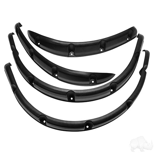 Red Hawk Fender Flare Set for EZGO RXV golf cart, four-piece OEM kit in red, designed for 2016 and newer models.