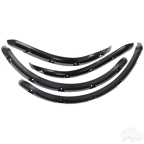 Redhawk OEM Fender Flare Set for EZ-GO TXT golf cart, 4-piece mud protection with durable red plastic material.