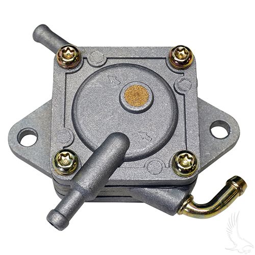 Redhawk FP 002 fuel pump for Club Car Precedent and DS gas models, showing the OEM replacement part with connectors and pump housing.