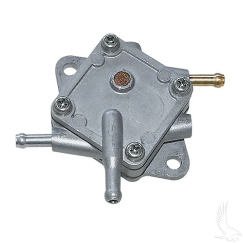 Redhawk FP-006 OEM fuel pump for EZGO Marathon golf carts, showing the compact red fuel pump with inlet and outlet ports.