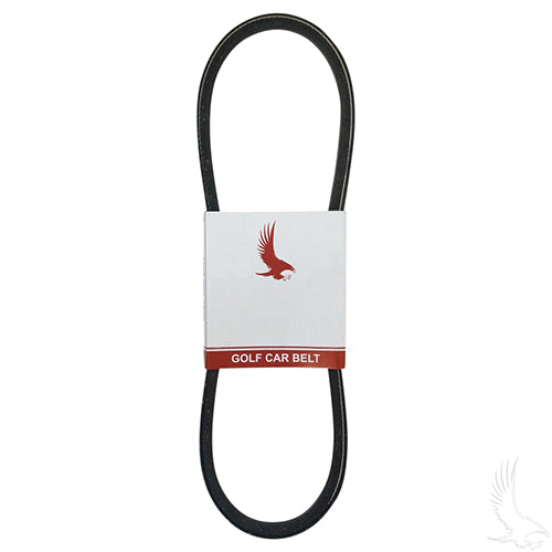 Red Hawk generator belt for EZGO golf carts and Kawasaki RXV Workhorse models, showing the red belt and pulley system.