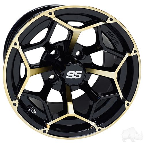 Red Hawk RX383 Golf Cart Wheel 14x7 ET25 Gloss Black With Gold Accents For Bold Style And Durable Performance - Rainier Parts