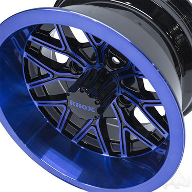 Red Hawk RX283 Golf Cart Wheel 12x7 ET25 Premium Gloss Black With Blue Accents For Golf Enthusiasts - Rainier Parts