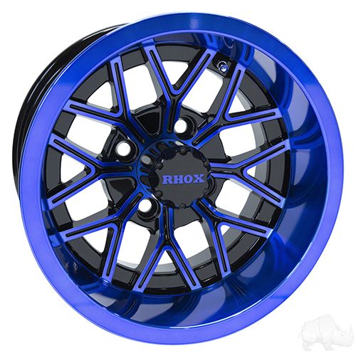 Red Hawk RX283 Golf Cart Wheel 12x7 ET25 Premium Gloss Black With Blue Accents For Golf Enthusiasts - Rainier Parts