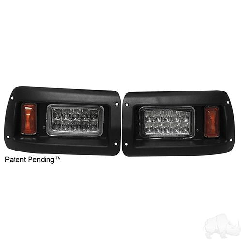 Red Hawk LGT-315L LED adjustable headlights with bezels for Club Car DS 93 and up, providing brighter illumination.