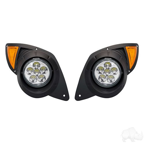 Red Hawk LED headlights with factory-style bezels for Yamaha Drive golf carts, compatible with 2007-2016 models.