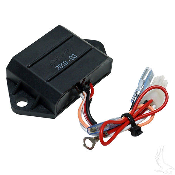Red Hawk ENG-116 OEM Ignitor for EZGO 4-cycle gas golf carts, showing the ignition module with red and black components.