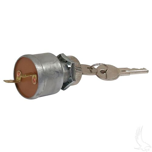 Redhawk KEY-59 key switch for EZGO 81 Plus golf carts, featuring two terminals and a red finish, used as ignition replacement.