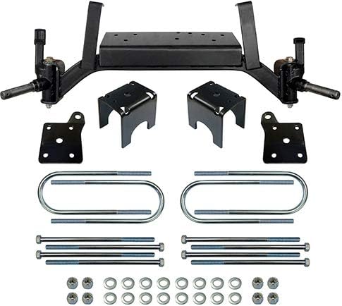 Redhawk OEM 5-inch drop axle lift kit installed on EZGO TXT gas and electric golf carts, showcasing the lifted suspension and wheels.