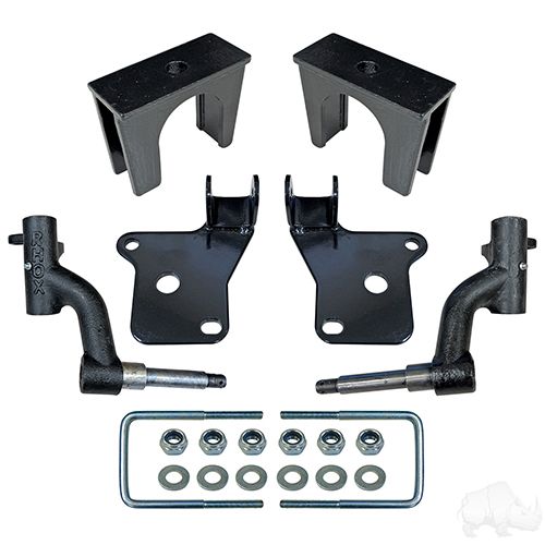 Red Hawk 3-inch Drop Spindle Lift Kit for EZGO RXV Electric Golf Cart 2008-2013, showing the lift components and red finish.