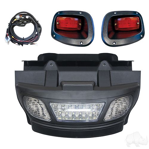 Red Hawk LED Light Bar Bumper Kit installed on an EZGO TXT golf cart, showcasing the bright red LED light bar and sturdy bumper.