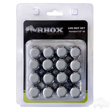 Red Hawk chrome lug nuts, box of 16, 1/2-20 closed end, corrosion-resistant automotive lug nut for vehicle enthusiasts.