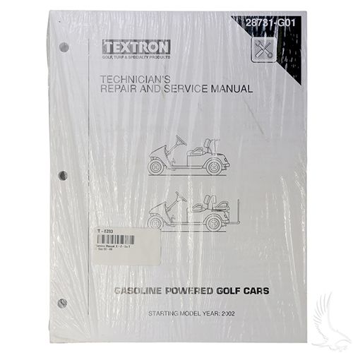 Redhawk EZGO TXT Gas Service Manual 2002-2008, repair and maintenance guide for golf carts, featuring detailed illustrations and instructions.