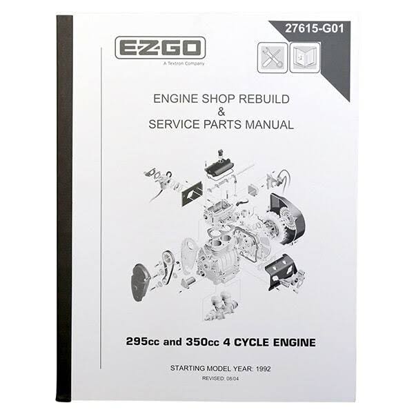 Redhawk OEM EZ-Go maintenance manual for 295cc and 350cc golf cart 4-cycle engines, troubleshooting guide and engine repair instructions.
