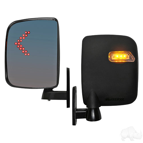 Redhawk Deluxe LED side mirror set with running and turn signal lights for 12-48V vehicles, featuring a sleek, durable design.