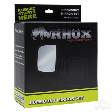 Red Hawk UTV side mount mirrors set showing durable red frame, adjustable mounts, and clear reflective surfaces for off-road visibility.