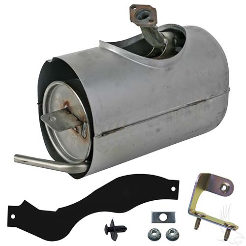 Redhawk MUF-0024 replacement muffler for Yamaha Drive golf carts, showing the black metal muffler with mounting points.