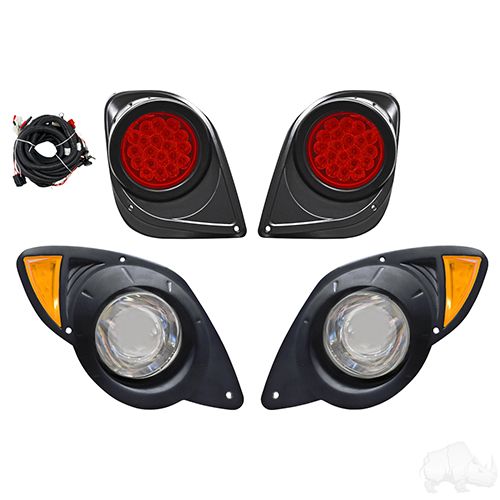 Red Hawk RHOX LED light kit for Yamaha Drive2 golf cart with plug and play harness, 12 to 48V, for brighter night safety.
