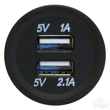 Red Hawk USB dual port power socket for cars, 12-48V fast charging with 1A and 2.1A USB ports, designed for vehicle use.