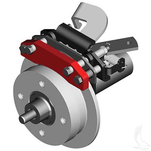 Redhawk rear disc brake kit for EZGO TXT electric golf carts from 1996, featuring plug and play installation for improved braking.