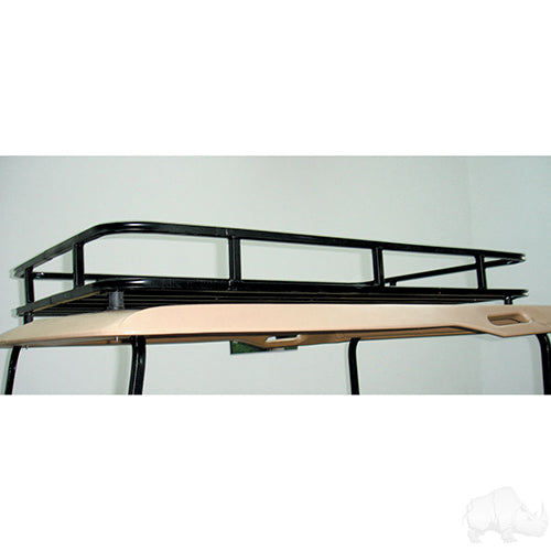 Red Hawk OEM ACC-RR01 RHOX roof rack for EZGO TXT golf carts, durable low-profile cargo carrier on black roof rack.