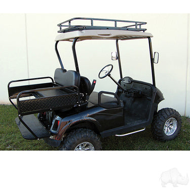 Red Hawk OEM RHOX Roof Rack for E-Z-GO Golf Carts, heavy-duty cargo carrier with rugged design, mounted on golf cart roof.