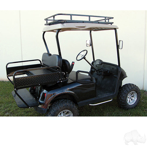 Red Hawk OEM RHOX Roof Rack for E-Z-GO Golf Carts, heavy-duty cargo carrier with rugged design, mounted on golf cart roof.