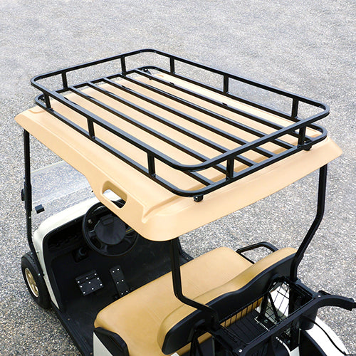 Red Hawk OEM RHOX Roof Rack for EZGO TXT golf carts, showing the black cargo carrier installed on the roof of the vehicle.