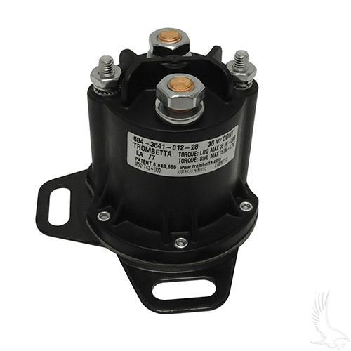 Red Hawk SOL-1018 36V solenoid with 4 terminals for EZGO RXV golf cart and Curtis controller, shown in the image.