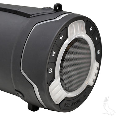 Red Hawk Bluetooth speaker with FM tuner, USB/SD ports, and LED lights, designed for outdoor adventures and IPX5 water resistance.