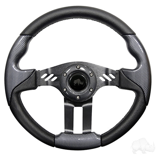 Red Hawk RHOX Aviator 5 steering wheel with carbon fiber grip and black spokes, 13-inch diameter, for racing or automotive use.