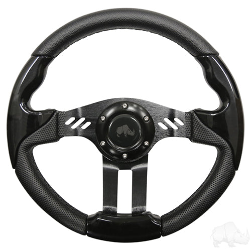 Red Hawk RHOX Aviator 5 steering wheel with black grip and spokes, 13-inch diameter, for car and golf cart enthusiasts.