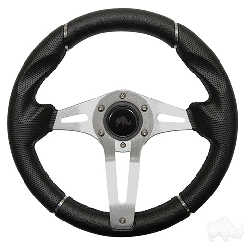 Red Hawk RHOX 13-inch steering wheel with black grip and brushed aluminum spokes, designed for Challenger enthusiasts.