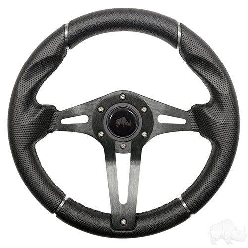 Red Hawk RHOX 13-inch black steering wheel with Challenger grip and black spokes, ideal for car enthusiasts and premium control.
