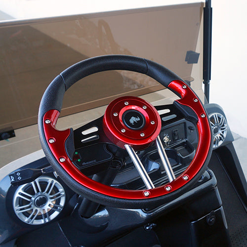 Redhawk Aviator 4 steering wheel with red grip, black spokes, 13-inch diameter, designed for automotive enthusiasts.